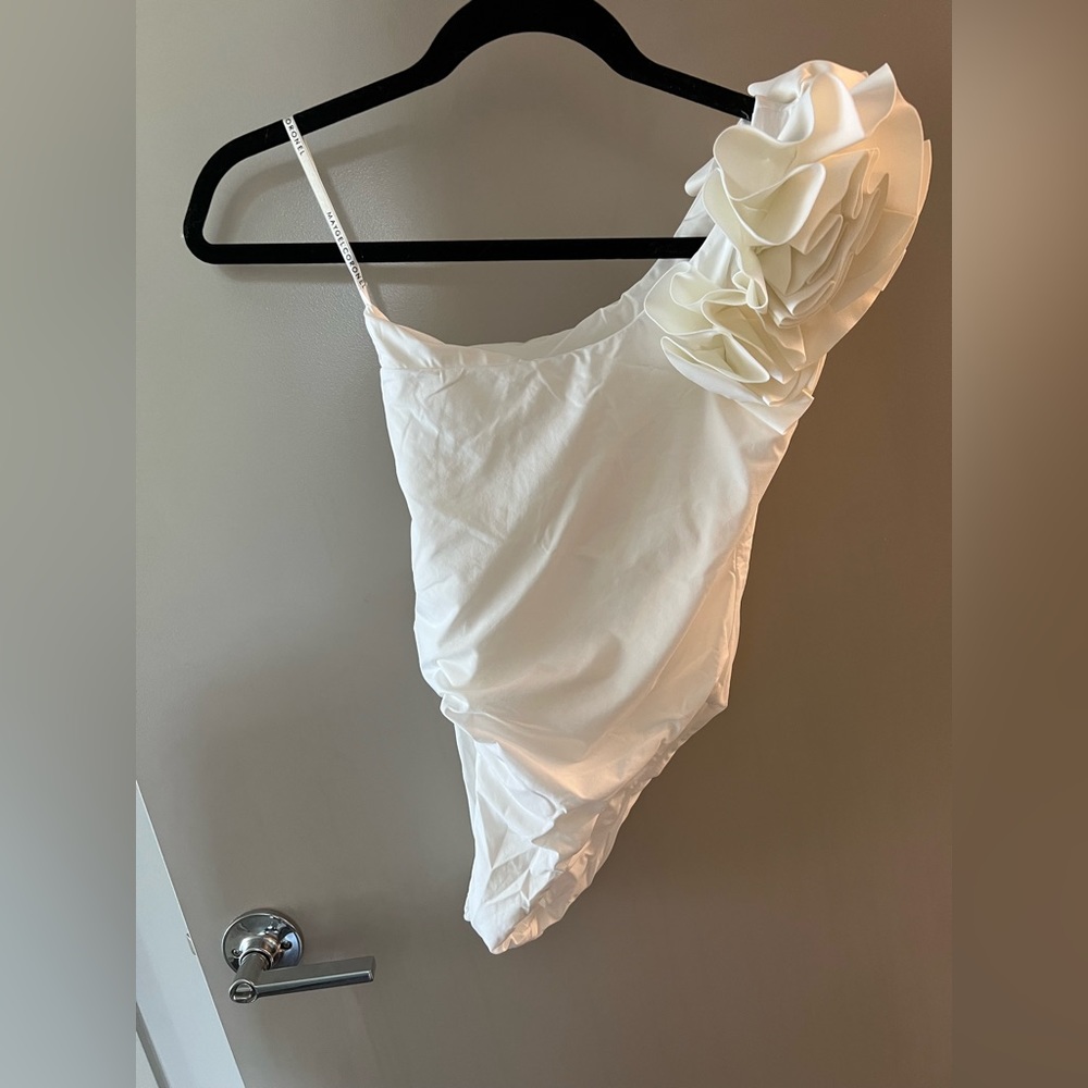 Maygel Coronel White One Shoulder One Piece Bathingsuit with Ruffles